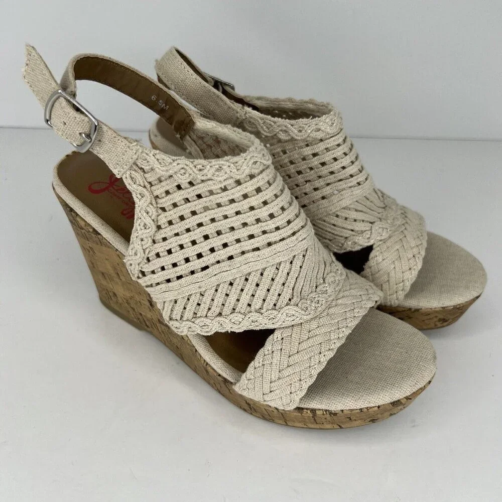 Jellypop Adelie Wedge Woven Buckled Sandals Eggshell Cream Womens Size 6.5M